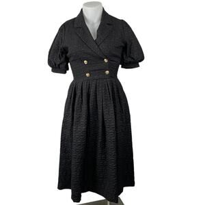 Freemarket Women's Black Woven Puff Sleeve Buttons Midi Flare A-Line Dress Sz M